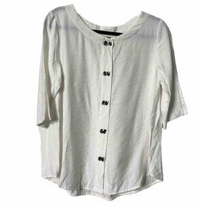 Niche Nilgun Derman White Button Up ¾ Sleeve Top Coastal Lagenlook Boho